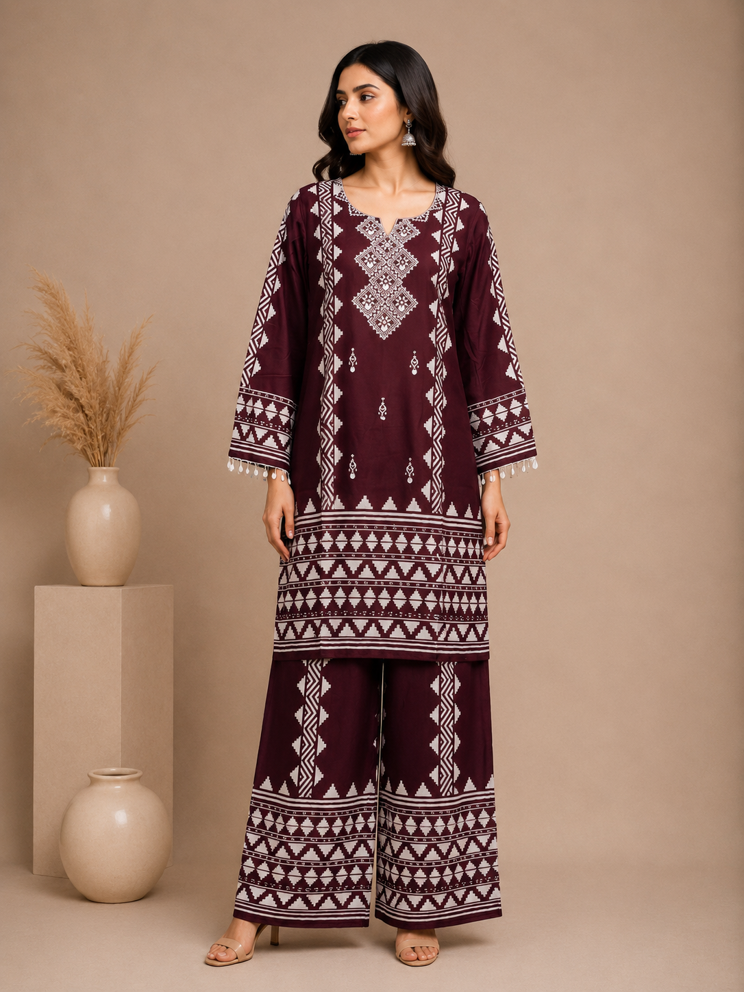 Wine Purple Ethnic Printed Rayon Kurta Set with Palazzo Pants